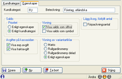 Rutin 3916 Kundkategori fliken Egenskaper Saldo Egenskap för hur saldo ska visas för kontakter med aktuell kundkategori i e-modulerna.