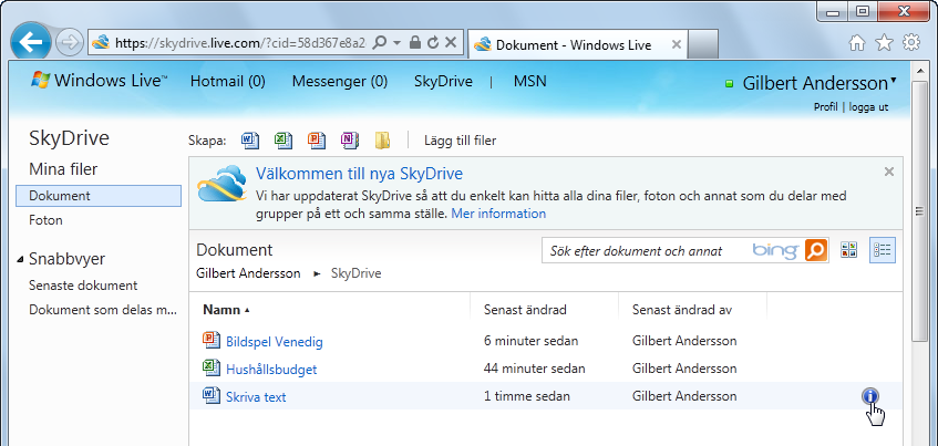 E. Hantera filer Du kan hantera dina filer på SkyDrive på fler sätt än att öppna och redigera dem. Du kan bland annat välja att öppna dem i det riktiga programmet, ta bort dem eller byta namn på dem.