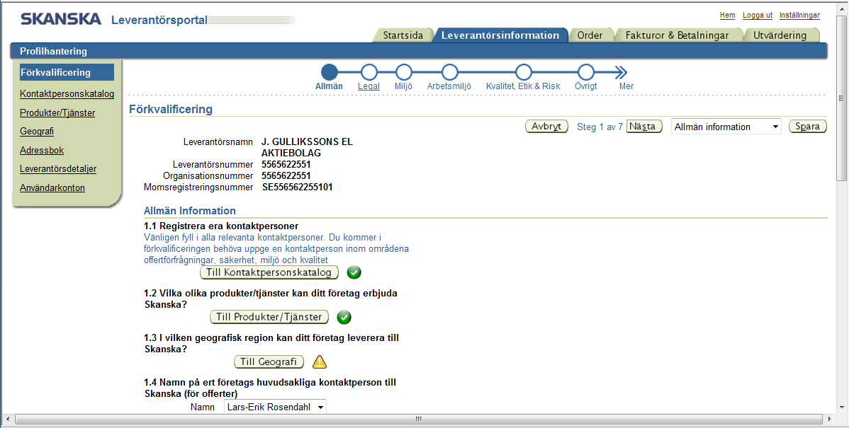 Leverantörsinformation - Sida 1.