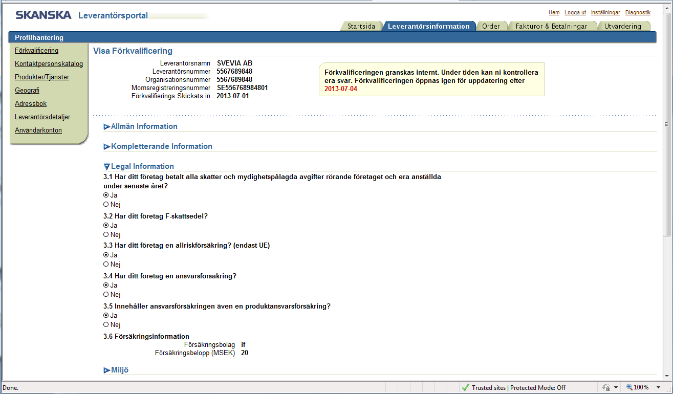 Svar Under fliken Leverantörsinformation visas