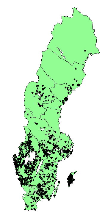 Figur. Identfierade byanät i Sverige, 2014. Även om resultaten är robusta bör de tolkas med försiktighet.