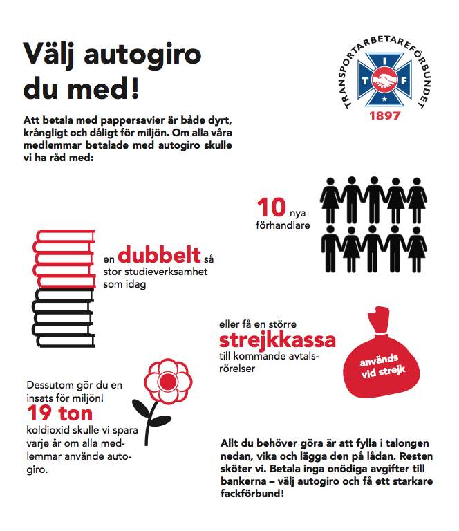 INFO FÖRBUNDET I dag har Transports Stockholms avdelning 5 202 st (oktober 2014) medlemmar som betalar sin medlemsavgift via autogiro.