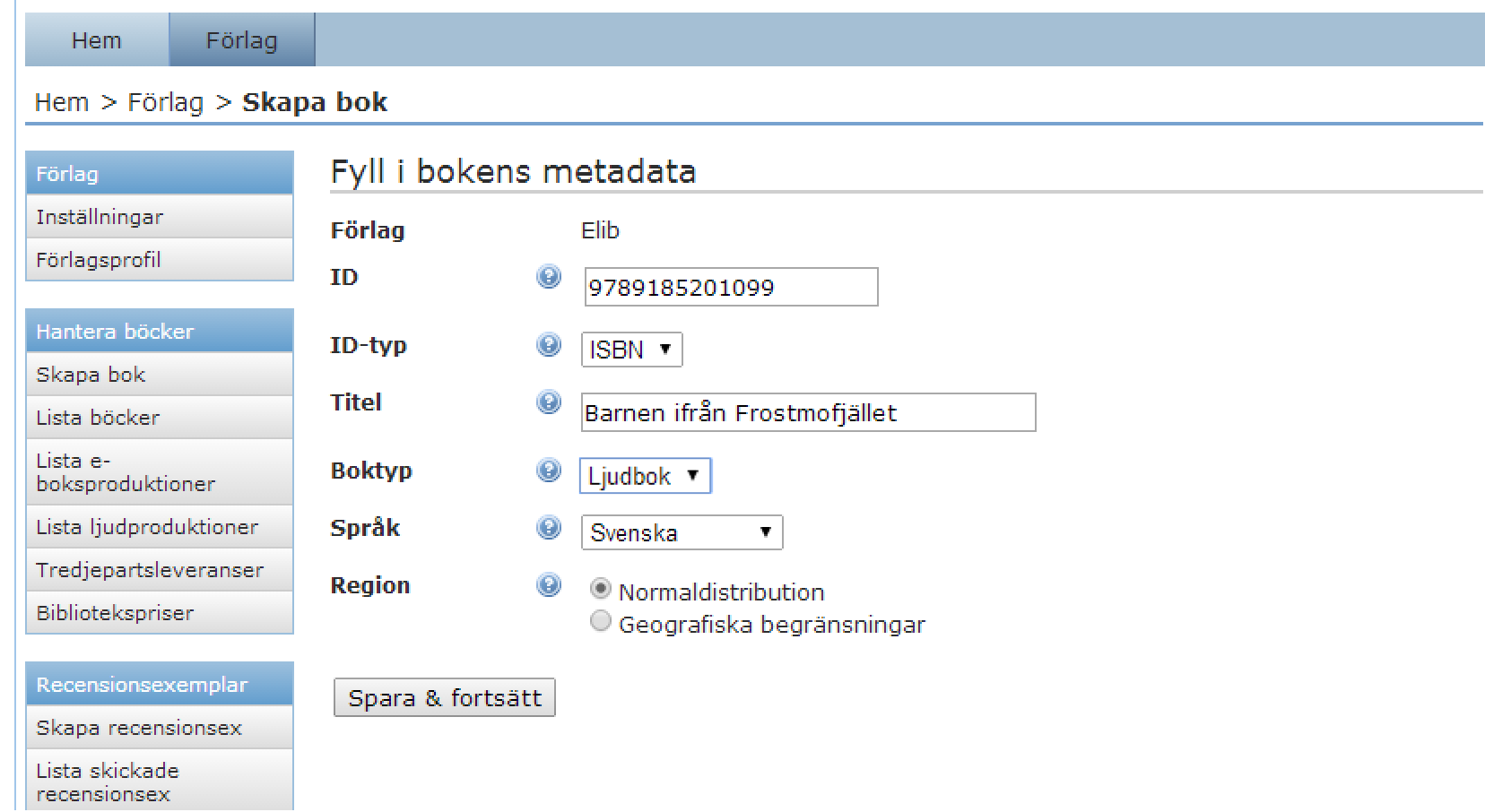 Lägga in en ny bok Via förlagets inloggning i Elibs gränssnitt https://admin.elib.se läggs titeln upp i systemet. För alla funktioner och inmatningsfält finns hjälptexter.
