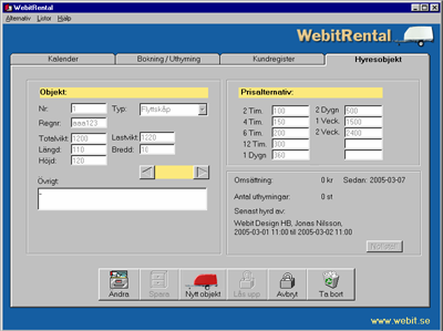 Användande Hyresobjekt Programmet är till en början anpassat för att hyra ut släpvagnar men det går bra att även hyra ut andra objekt med programmet. Efter att ni fyllt i alla företagsuppgifter etc.