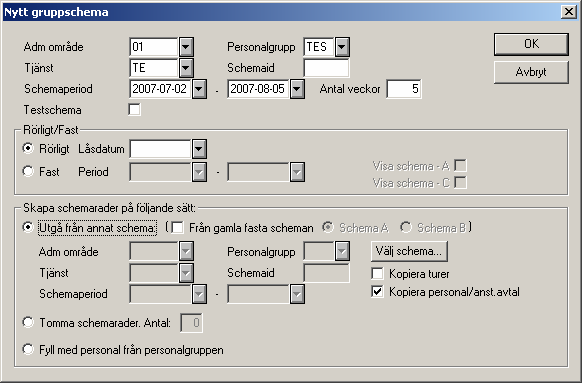 Skapande av schemaperiod för rörligt schema (önskeschema). Schemaansvarig skapar ett nytt gruppschema alt. en ny schemaperiod för sin grupp.