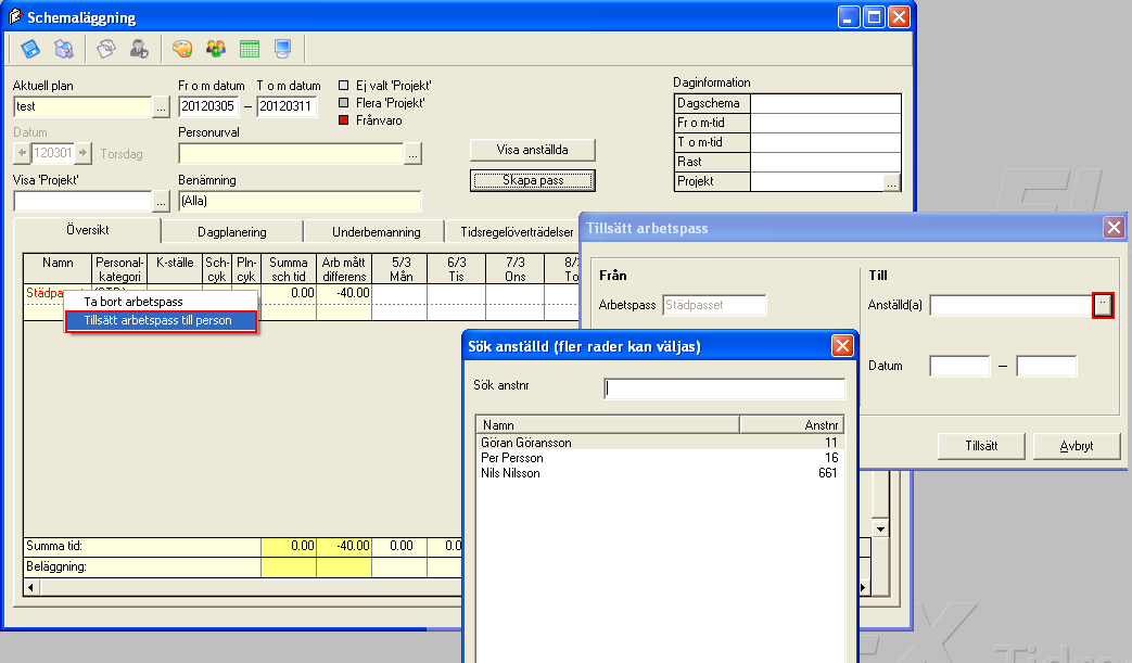 FLEX Tidredovisning - Användarmeddelande (maj 2012) 15 Sen är det bara att schemalägga passet som tidigare Vill man tilldela passet till en anställd så är det bara att högerklicka på namnet och välja