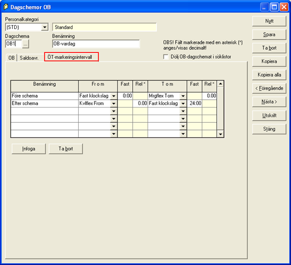 FLEX Tidredovisning - Användarmeddelande (maj 2012) 4 Övertidsmarkeringsintervall på OB-dagschema I vissa fall så kan det vara smidigare att lägga övertidsregelverket på obdagschemat istället för det