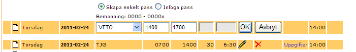 Om flera pass alternativt sammansatt pass ska registreras så börjar du med att klicka på till vänster på den dagen där du vill lägga till pass.