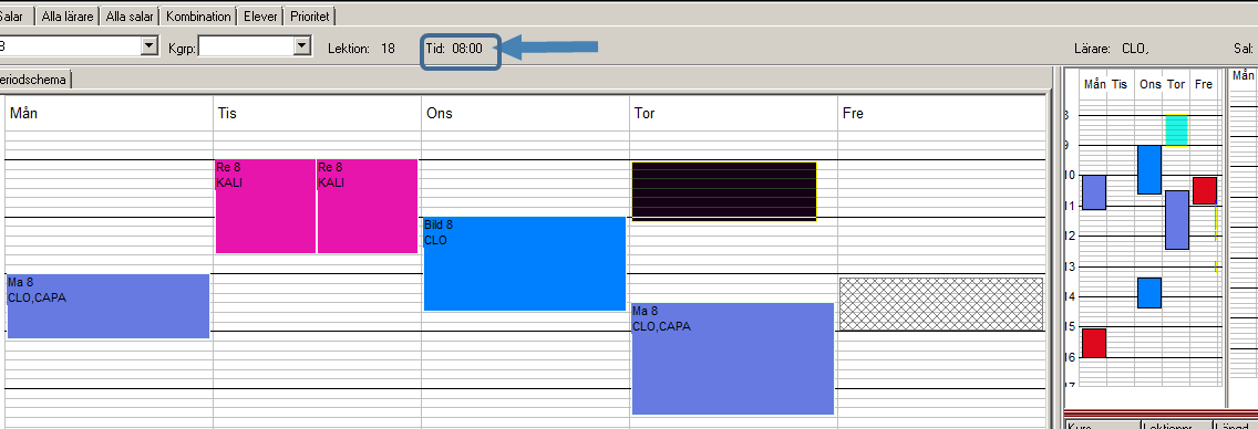 Placera lektioner på schema När lektionerna är skapade i fönstret Skapa lektioner är det dags att placera dem på schemat. Klicka på önskad huvudflik och gör ditt urval i urvalslistan.