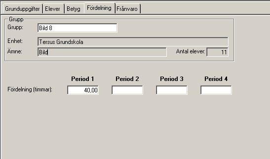 Skapa timfördelning för kursgrupp Välj huvudflik Grupp, detaljflik Fördelning. Här finns möjlighet att definiera antal planerade undervisningstimmar för kursgruppen.