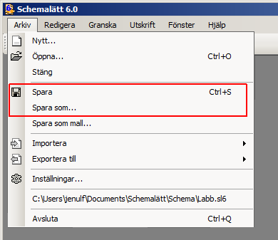 Kapitel 3 Att komma igång Innan vi avslutar denna introduktion ska vi spara det nya arbetsschemat. Detta gör vi genom att välja menyalternativet Spara alternativ Spara som under Arkivmenyn.