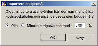 Kapitel 7 Kostnadskalkyl Importera budgetmål Funktionen Importera budgetmål är en funktion som du kan ha nytta av om du exempelvis har ett befintligt arbetsschema som måste förändras.