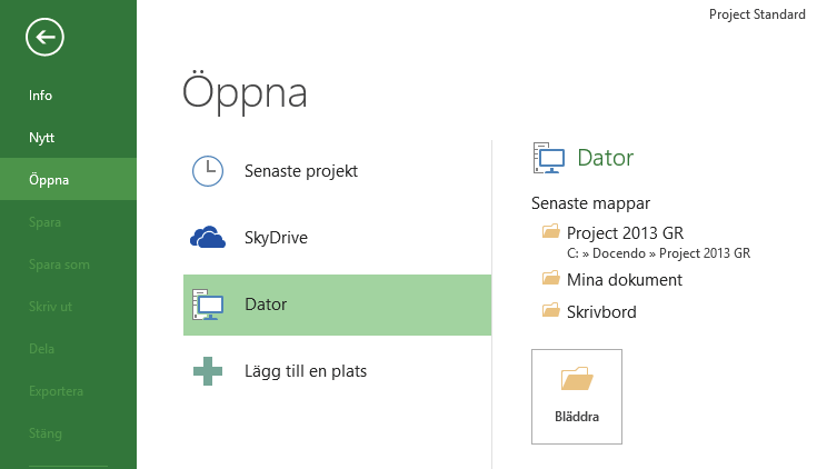 övning 1 skapa och spara projekt Skapa en ny projektfi l. Kontrollera att vyn Gantt-schema (Gantt Chart) är vald. Spara fi len med namnet Flytta kontor i övningsmappen.