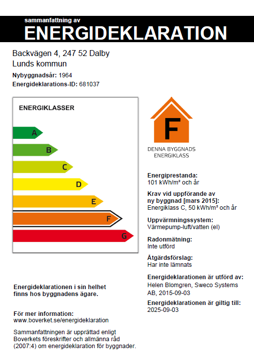 Sammanfattning Energiprestanda har beräknats för fastigheten och resulterade i ett värde om: 101 kwh/m² år, referensvärdet ligger mellan 85-104 kwh/m² år Sweco Hans Michelsensgatan 2 Box 286 SE 201