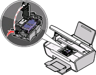 Bläckpatronshållaren flyttar sig och stannar i påfyllningspositionen, om inte skrivaren är upptagen. 3 Tryck ned bläckpatronsspärren för att lyfta upp locket till bläckpatronen.