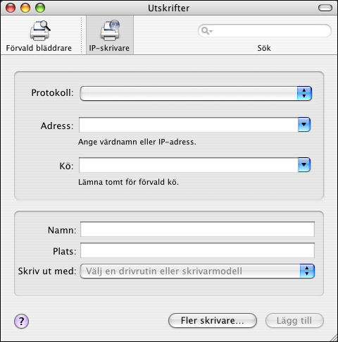SKRIVA UT FRÅN MAC OS X 22 3 Skriv ipp/ följt av skrivaranslutningen (print, hold eller direct, eller namnet på den virtuella skrivaren) med små bokstäver i fältet Kö.