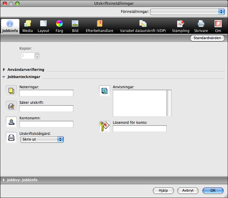SKRIVA UT FRÅN MAC OS X 31 9 Klicka på Alla egenskaper i fönstret Snabb åtkomst. Fliken Jobbinfo visas i dialogrutan Utskriftsinställningar.
