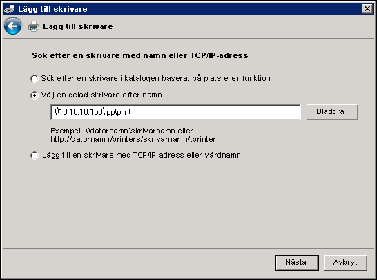 SKRIVA UT FRÅN WINDOWS 55 Windows Server 2008/Server 2008 R2/Windows 7: Klicka på Välj en skrivare efter namn och skriv i IP-adressen eller DNS-namnet på Fiery E 100 i URL-fältet, följt av namnet på