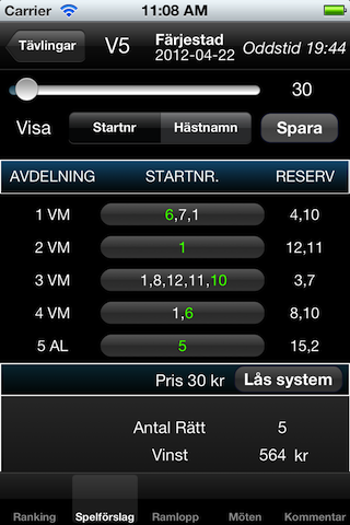 14 5.3 TravStat Iphone Resultat i en tävling När tävlingen är körd och databasen på servern är uppdaterad så