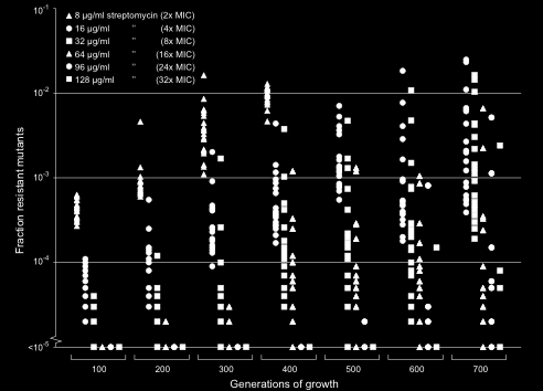 Selektion av ny resistens vid låga antibiotikakoncentrationer Känsliga bakterier odlade vid MSC 1 μg/ml (1/4 MIC) streptomycin.