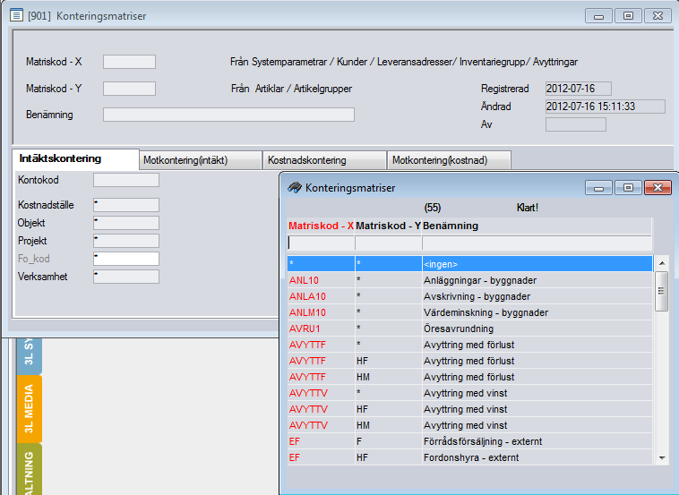 Anläggnings- & inventarieredovisning Registervård Konteringsmatriser Konteringsmatriser måste läggas upp för olika typer av konteringar.