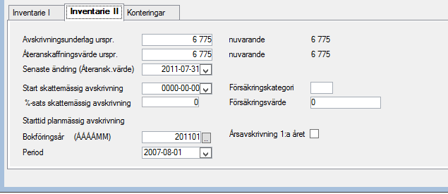 Inventarie I Under fliken Inventarie I måste inventariegrupp anges för alla inventarier. Valet här bestämmer avskrivningstid och kontering (enligt matriskoden i rutinen Inventariegrupp).