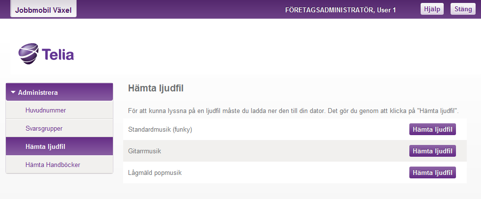 TSP-2317_3-1105 Telia Jobbmobil Växel Förenklad administration Handbok 13 7 Hämta och lyssna på ljudfiler Om du väljer alternativet Hämta ljudfil i huvudmenyn visar systemet följande bild: Genom att