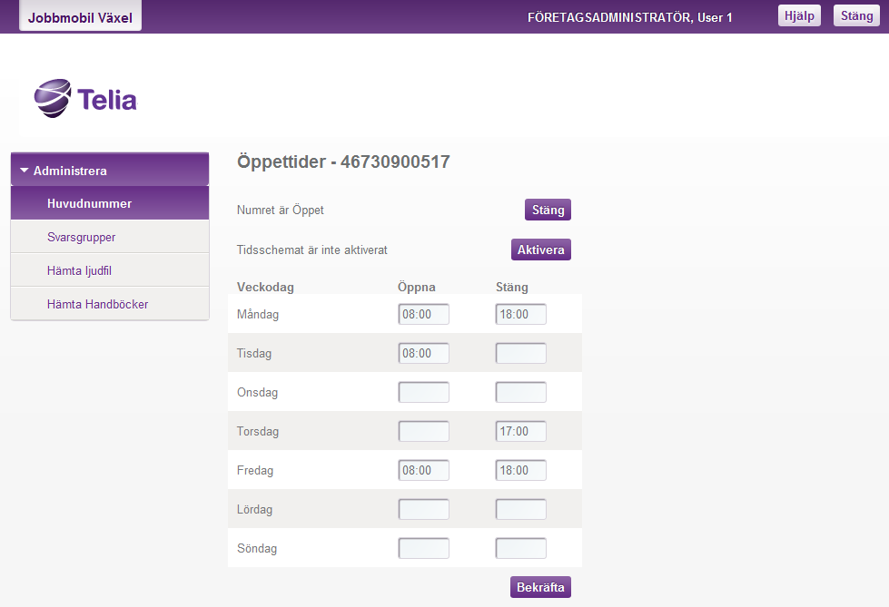 Telia Jobbmobil Växel Förenklad administration Handbok 6 3 Ange öppettider för huvudnummer och svarsgrupper Du kan själv ange vilka öppettider som ska gälla för huvudnumret och för olika svarsgrupper.