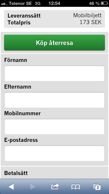 (Figur 11) 19. Efter ni uppfyllt era önskemål trycker ni på knappen välj biljett för att komma till nästa sida. 20. Här anger ni ert för- och efternamn, mobilnummer samt e-postadress(figur 12).