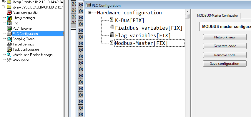 Öppna Starta modbus Master configuratorn via Resources / PLC