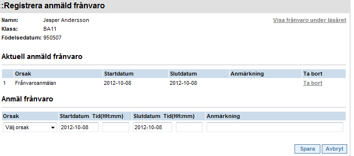 Anmäl frånvaro Funktionen möjliggör att du som vårdnadshavare kan anmäla ditt barns frånvaro från skolan. Klicka på länken Anmäl frånvaro Välj Orsak. I dagsläget finns endast orsak Frånvaroanmälan.