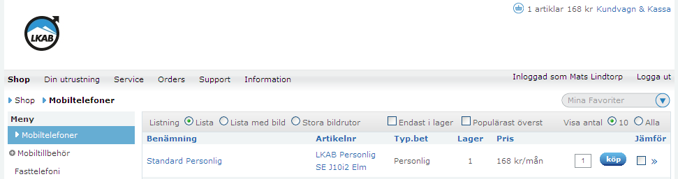 4 Att checka ut i kassan För att komma till kassan klickar du på den blå texten Kundvagn & Kassa i högra hörnet på sidan. Du kan även se pris samt hur många artiklar som du lagt i Kundvagnen.