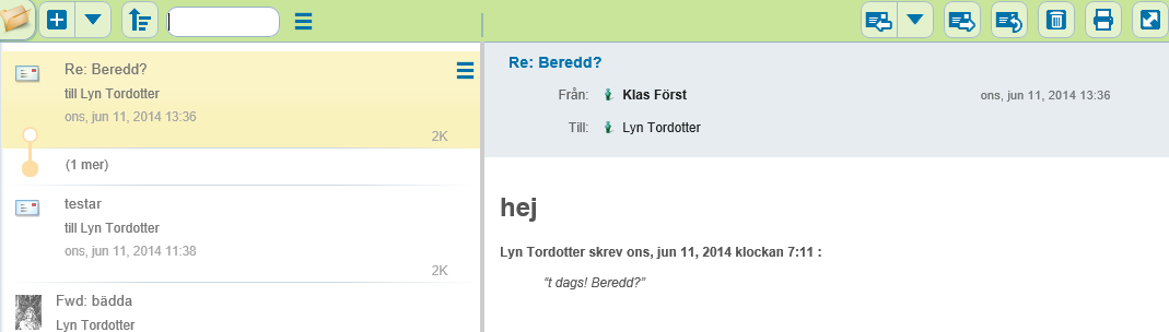 Brevlådan i öppnat läge Meddelandena i brevlådan visas alltid i forumläge med sammanhängande diskussionstrådar.