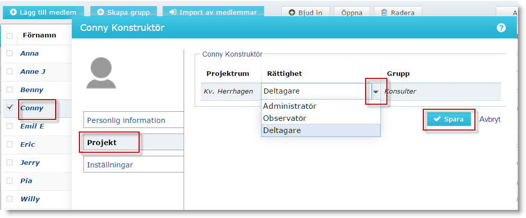 Flera användare kan läggas till samtidigt. Klicka på OK-knappen när du är klar. Observera att för en administratör i projektet gäller inga behörighetsregler/-begränsningar.