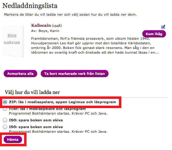 Legimus, Nedladdningslista. ZIP alternativ och Hämta knapp markerad När knappen Hämta har tryckts förbereds boken för nedladdning.