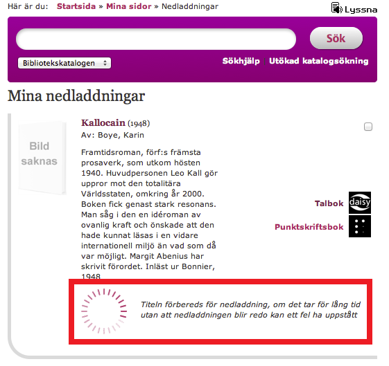 Legimus, Mina nedladdningar. Meddelande markerat.