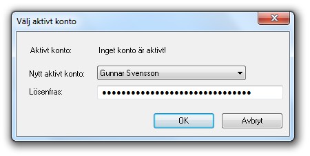 Om det finns ett konto lagrat i programmets databas så visas dialogen ovanför när programmet startar. Skriv in lösenfras och välj ok. Om dialogen avbryts startar programmet utan något aktivt konto.