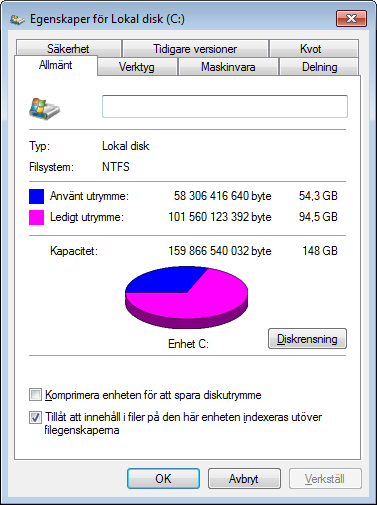 UNDERHÅLL AV HÅRDDIS KAR Klicka på Explorer, högerklicka på (C:) och välj Egenskaper: Här kan du se information om hur stor din hårddisk är, hur mycket av utrymmet som används och vad som är ledigt.