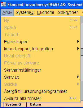 Meny-Arkiv Ny Spara/Lagra Ta bort Egenskaper Kodlistor Inställningar för modulerna Import-Export, program för att importera data från andra system om exportera från SystemQ Urval arbetsfil,