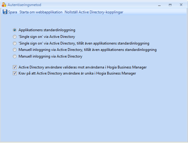 Autentiseringsmetoder - inloggningsalternativ Under menyval Auktorisation och formulär Autentiseringsmetod väljer du autentiseringsmetod. Välj autentiseringsmetod och spara.