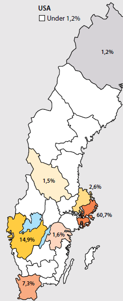 Tabell: Övernattningar i Sverige Amerikanska Utländska Andel 2009 357 957 12 329 657 2,9% 2010 409 781 12 802 832 3,2% Förändring 2009-2010 14,5% 3,8% 0,3% Källa: Tillväxtverket/SCB, 2011.