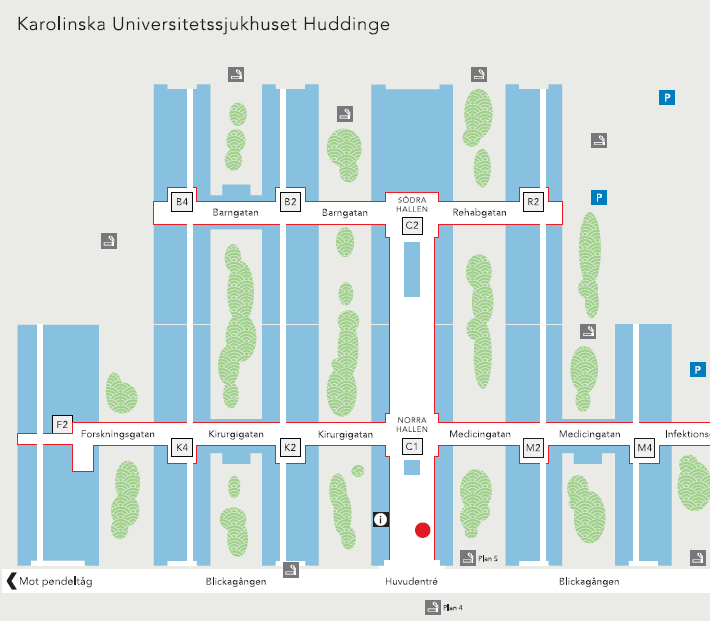 1) Huvudentrén är på plan 5. Följ de svarta pilarna till K4 och anmäl dig i Kvinnoklinikens kassa på K57.