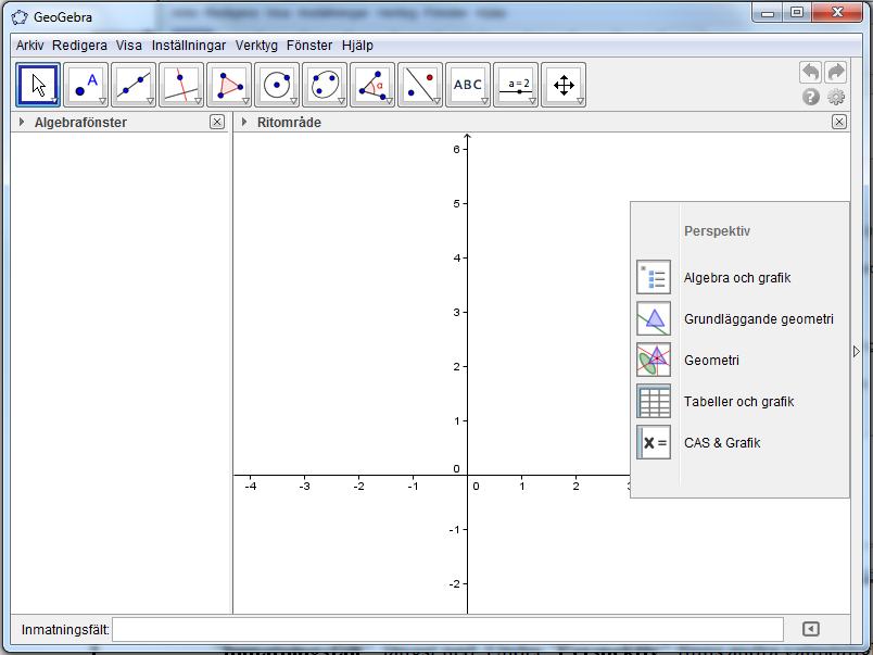 GeoGebrafönstret När man startar GeoGebra är det denna standardvy som visas: I standardvyn visas Algebrafönster och Ritområde samt ett Inmatningsfält längst ned.
