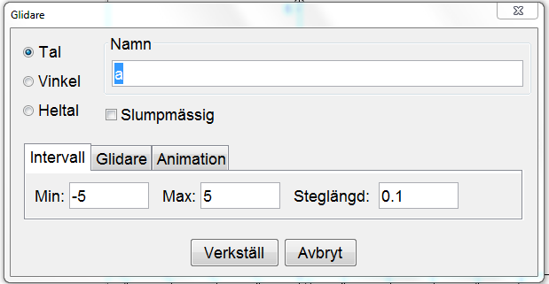 Räta linjen, glidare I GeoGebra finns ett kraftfullt verktyg för dynamisk visualisering, som kallas Glidare (på engelska slider ).