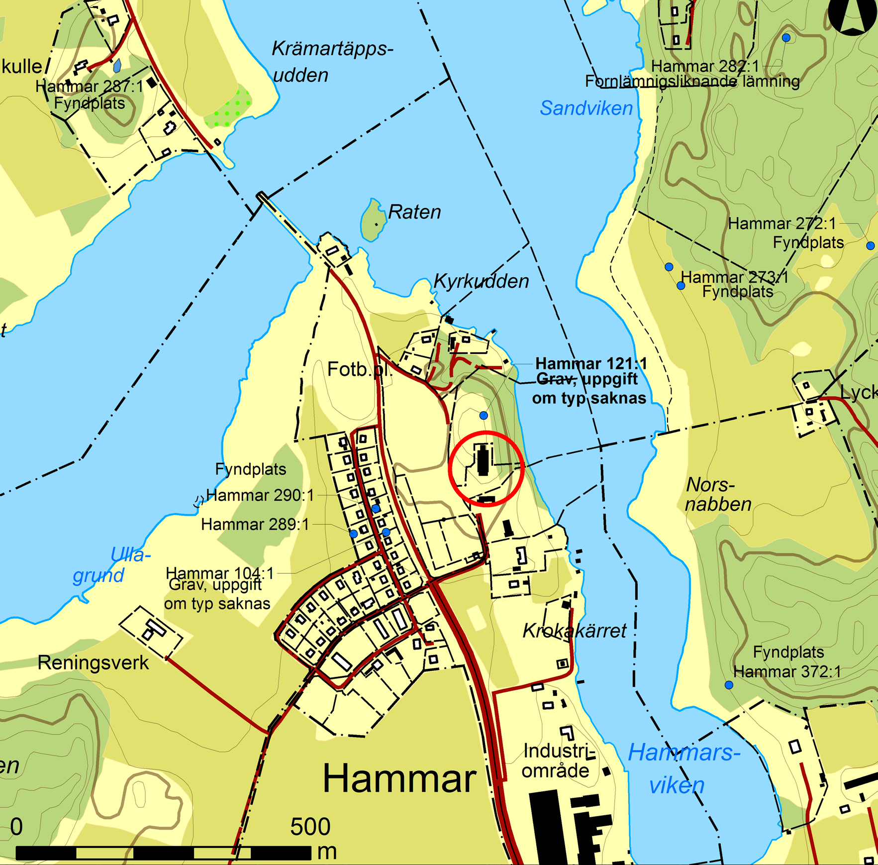 Ättubacken vid Hammars kyrka Figur 2. Utdrag ur fastighetskartan med omgivande fornlämningar och den aktuella undersökningsområdet markerat med en röd cirkel. Skala 1:10 000.