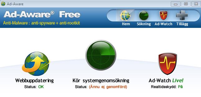 Startfönstret ser lite annorlunda ut än i tidigare versioner: Övn 1 Tryck på knappen Webbuppdatering, för att ladda hem den senaste definitionsfilen, som berättar för