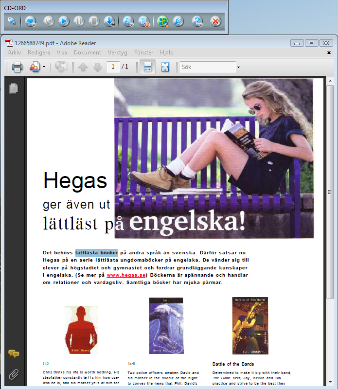 14 SkanRead till pdf, Word, text och ljud Mer om SkanRead till pdf, Word och text Pdf Bilden visar ett pdf-dokument, som skapats med SkanRead och läses upp med CD- ORD i Adobe Reader.