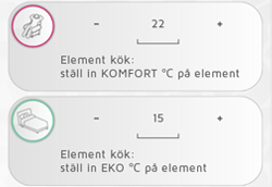KOMFORT och EKO temperaturer kan ställas in i varje zon (under förutsättning att mottagarna i zonen har denna funktion). Välj önskad temperatur beroende på hur rummet används.