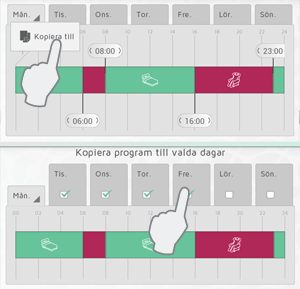 KOPIERA DAGPROGRAM När flera av dagarna i ditt veckoprogram ska vara likadana (t.ex. arbetsdagar), kan en dag kopieras till de andra dagarna.
