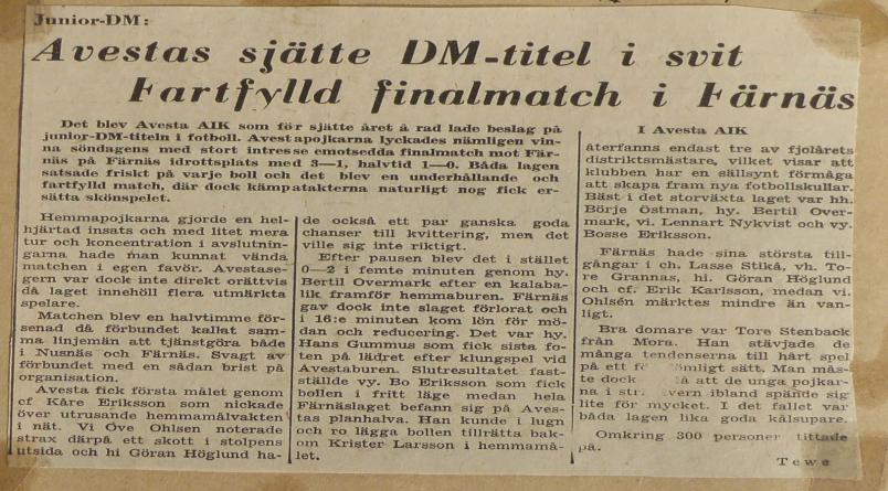 Text från tidningsartikel 30/9-1962. Det blev Avesta AIK som för sjätte året å rad lade beslag på junior-dm titeln i fotboll.